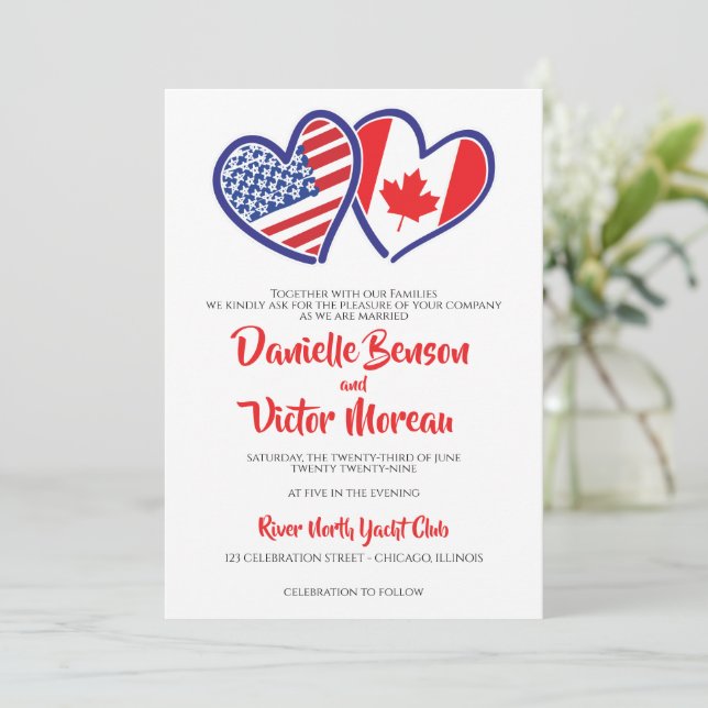 Canadian American Heart Flags Wedding Einladung (Stehend Vorderseite)