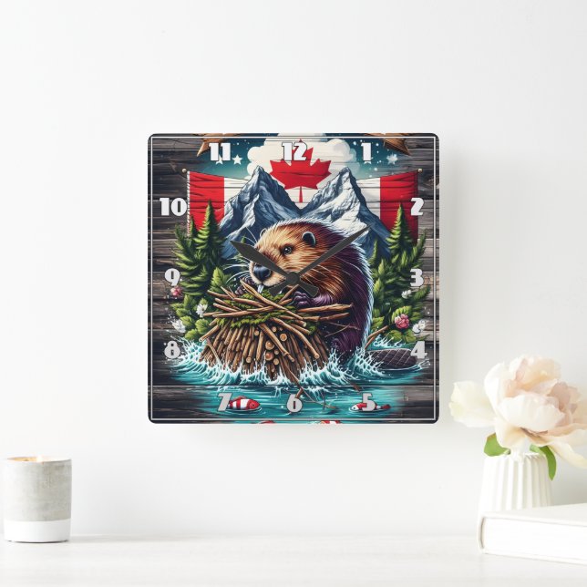 Canadian Beaver by Snowy Peaks Quadratische Wanduhr (Zuhause)