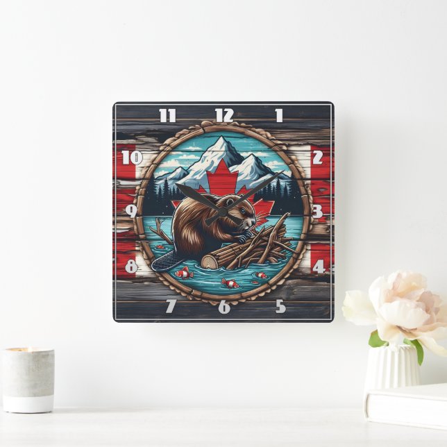 Canadian Beaver Gebäude a Dam Quadratische Wanduhr (Zuhause)