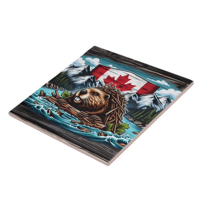 Canadian Beaver Gebäude Dam in Rocky Landschaft Fliese (Seite)