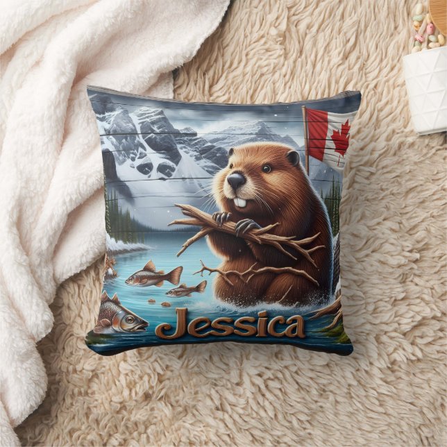 Canadian Beaver Holding Sticks am See Kissen (Decke)