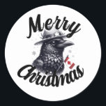 Canadian Christmas Raven Runder Aufkleber<br><div class="desc">AI generierte Kunst eines Weihnachtsraven mit einem kanadischen Thema</div>