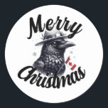 Canadian Christmas Raven Runder Aufkleber<br><div class="desc">AI generierte Kunst eines Weihnachtsraven mit einem kanadischen Thema</div>