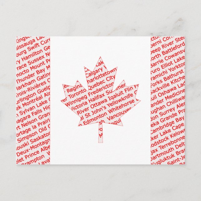Canadian flag with city and town names postcard postkarte (Vorderseite)