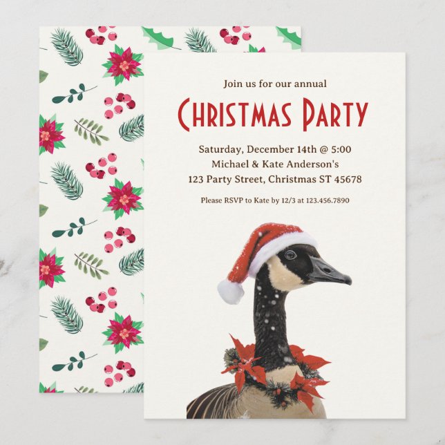 Canadian Goose Red Hat Poinsettias Weihnachtsweihn Einladung (Vorne/Hinten)