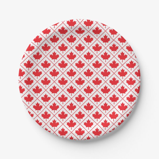 Canadian Maple Leaf Red and White Diamond Pattern Pappteller (Vorderseite)