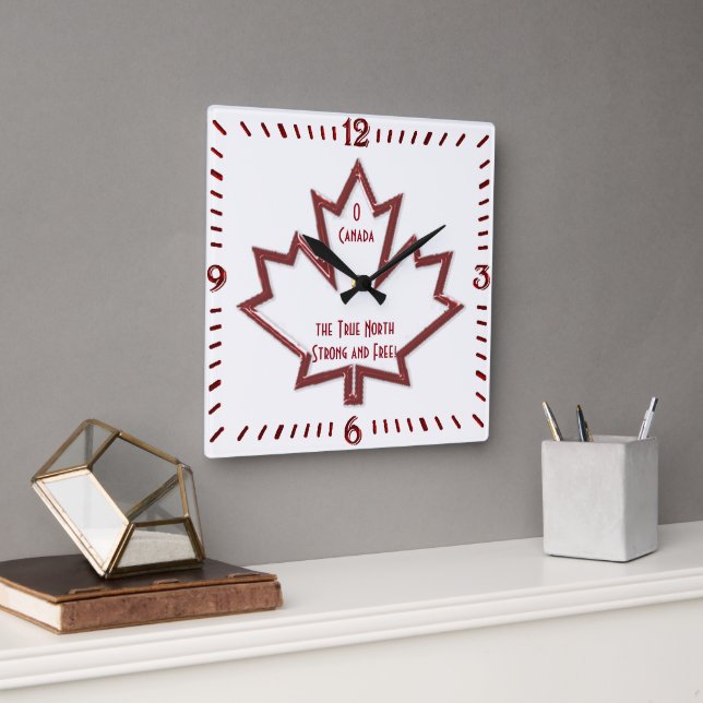 Canadian Maple Leaf Square Wall Clock Quadratische Wanduhr (Büro)