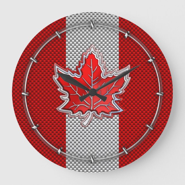 Canadian Red Maple Leaf in Carbon Fiber looks Große Wanduhr (Vorderseite)