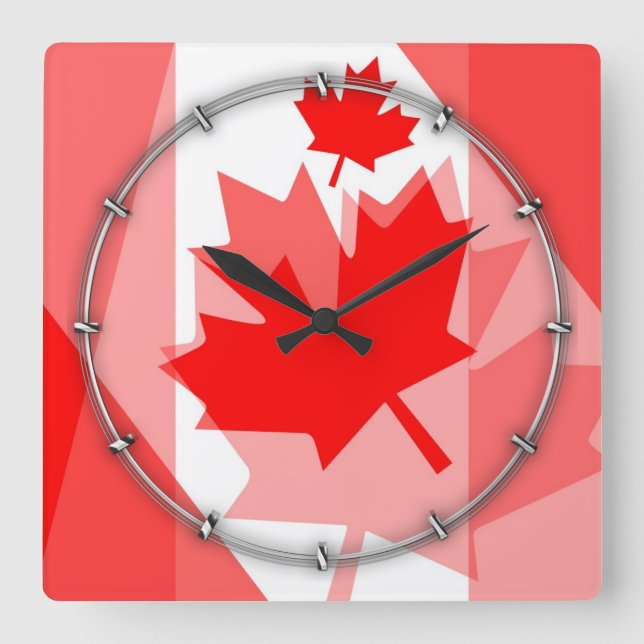 Canadian Red Maple Leaf Layered Style CANADA Quadratische Wanduhr (Vorderseite)