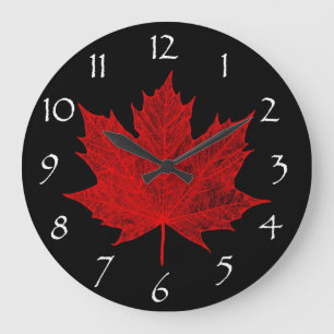 Canadian Red Maple Leaf/Red and Black Große Wanduhr