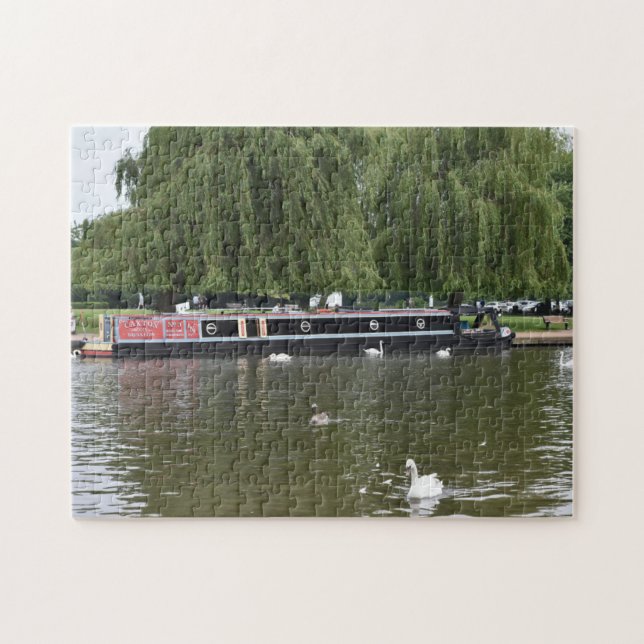 Canal Boat and Swans on River Avon England (Horizontal)