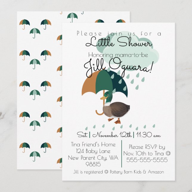 Canard avec parapluie Baby shower Invitation plat (Devant / Derrière)