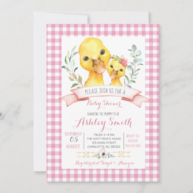 canard ferme baby shower invitation fille rose (Devant)