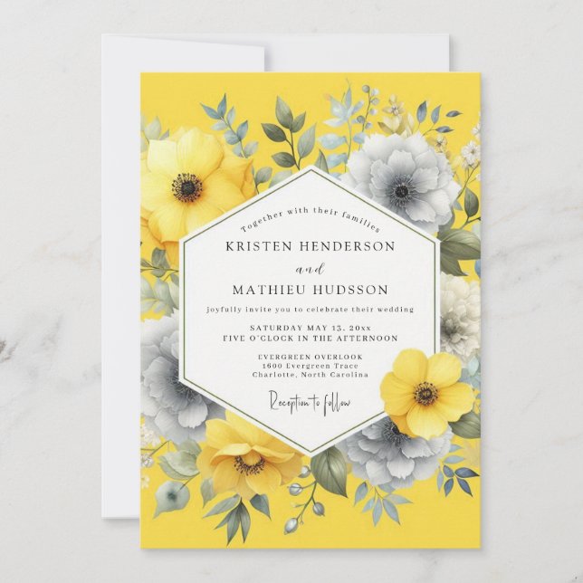 Canary Slate Summer Flora Wedding Einladung (Vorderseite)