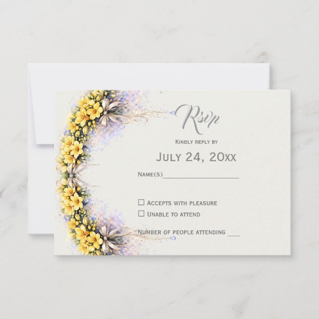 Canary Yellow Romantic Freesia  Floral Wedding RSVP Karte (Vorderseite)