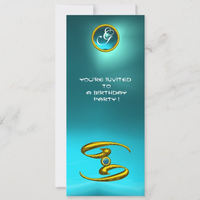 CANCER OPALE MONOGRAM Aquamarine hell blau Einladung (Vorderseite)