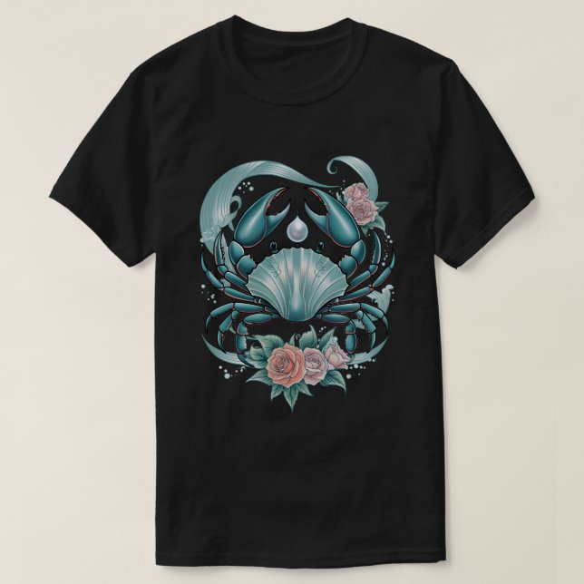 Cancer Zodiac – Mystieke Kreeft met Parel & Rozen T-Shirt (Design vorne)