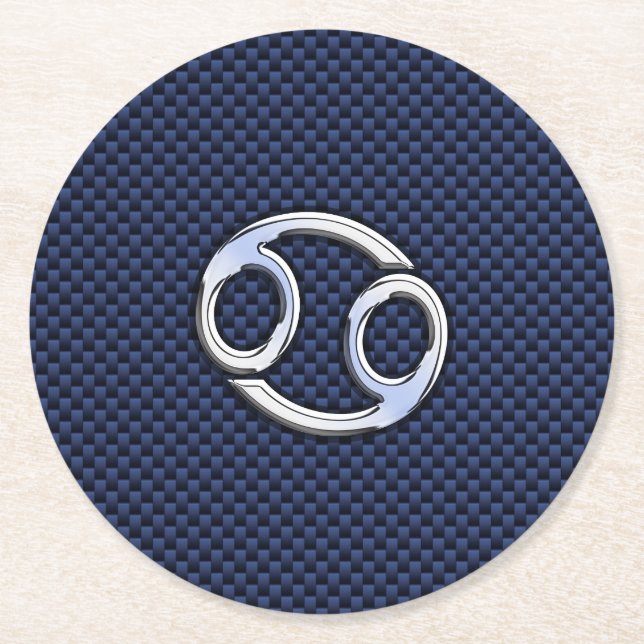Cancer Zodiac Symbol Navy Blue Carbon Fibre Print Runder Pappuntersetzer (Vorderseite)