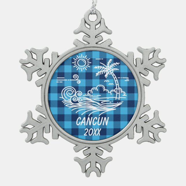 Cancun auf Blue Buffalo Karo Weihnachten Schneeflocken Zinn-Ornament (Vorderseite)