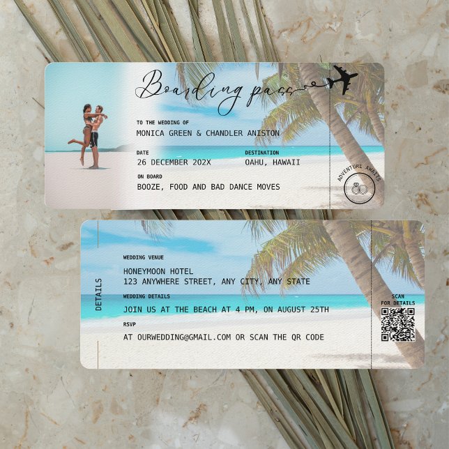 CANCUN Mexico Beach Boarding Pass QR Foto Hochzeit Einladung (Von Creator hochgeladen)