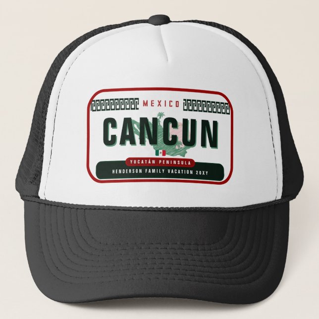Cancún Mexico Palm Tree Vintage Reise Souvenir Truckerkappe (Vorderseite)