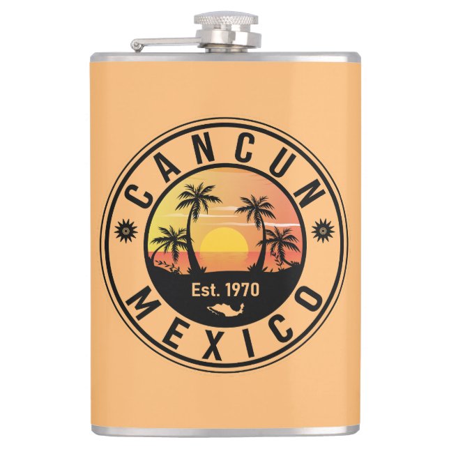 Cancun Mexico Palm Tree Vintage Travel Souvenir Flachmann (Vorderseite)