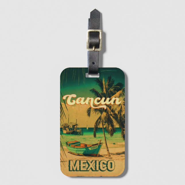 Cancun Mexico Palm Tree Vintage Travel Souvenir Gepäckanhänger (Vorderseite Vertikal)