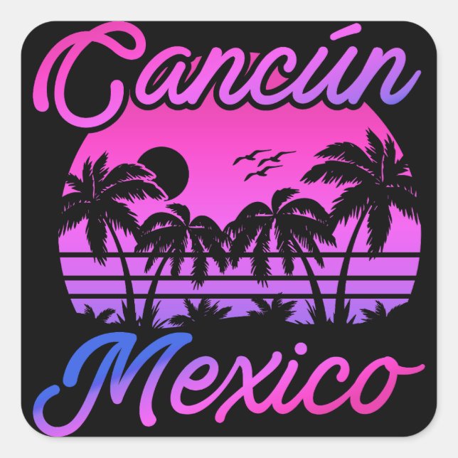 Cancun Mexico Palm Trees Retro Reisen Souvenirs Quadratischer Aufkleber (Vorderseite)