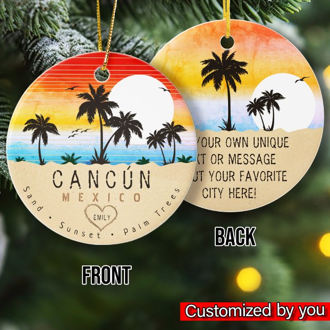Cancún Mexico Retro Sunset Palm Tree Souvenirs 60e Keramik Ornament (Von Creator hochgeladen)