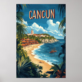 Cancun Mexico Vintag Illustration Travel Poster