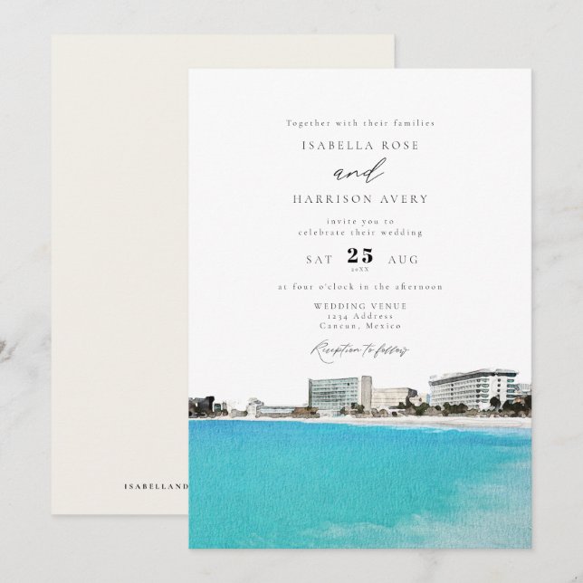 CANCUN Mexico Watercolor Skyline Wedding Einladung (Vorne/Hinten)
