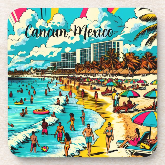 Cancun, Mexiko mit einem Pop Art Vibe Getränkeuntersetzer (Vorderseite)