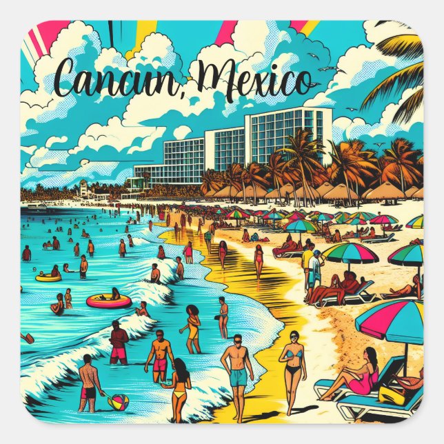 Cancun, Mexiko mit einem Pop Art Vibe Quadratischer Aufkleber (Vorderseite)