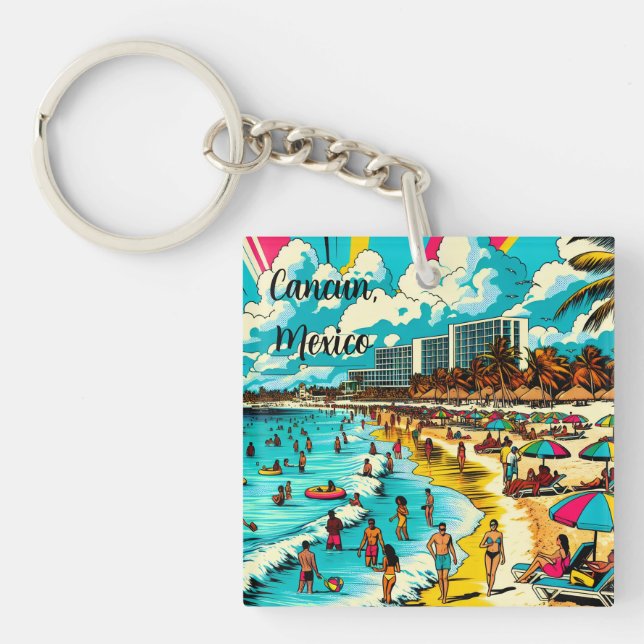 Cancun, Mexiko mit einem Pop Art Vibe Schlüsselanhänger (Vorderseite)