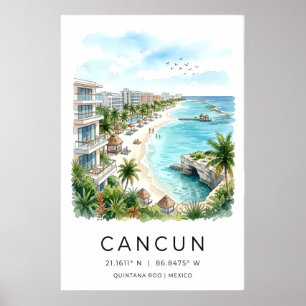 Cancun-Strand-Wasserfarbdruck, Palmen und Pier Poster