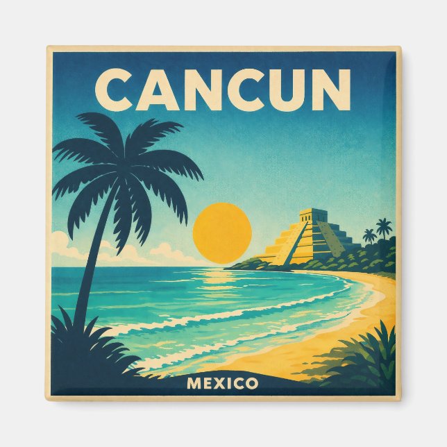 Cancun Vintage Reiseplakat Magnet (Vorne)