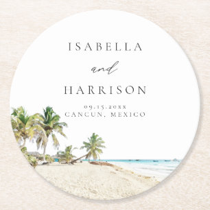 CANCUN Wasserfarbe Strand Palmenbaum Reiseziel Runder Pappuntersetzer