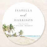 CANCUN Watercolor Beach Palm Tree Zielort Runder Pappuntersetzer<br><div class="desc">Die Cancun Collection besticht durch ein Aquarellbild mit Sandstränden und tropischen Palmen,  die sich durch eine moderne und schlichte Kombination aus Schriftart auszeichnen. Bearbeiten Sie die Namen für Ihre Hochzeit,  um eine besondere Touch hinzuzufügen.</div>