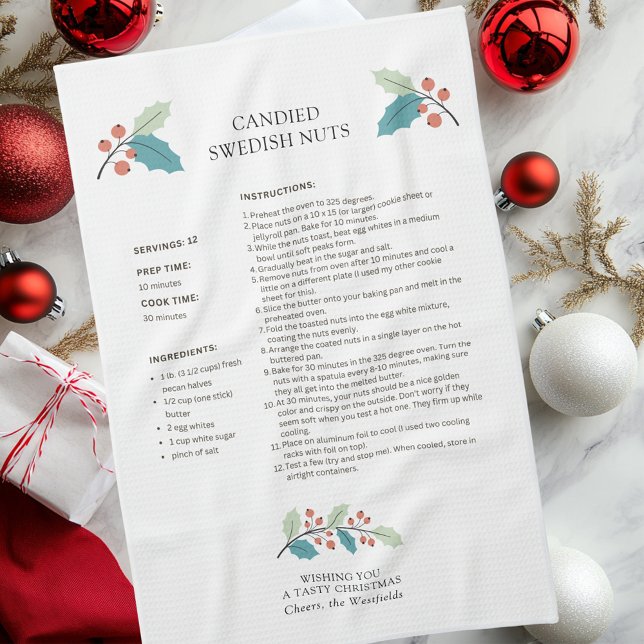 Canded Swedish Nuts Holiday Recipe Kitchen Handtuc Geschirrtuch (Wishing You a Tasty Christmas Candied Swedish Nuts Holiday Recipe Kitchen Towel)