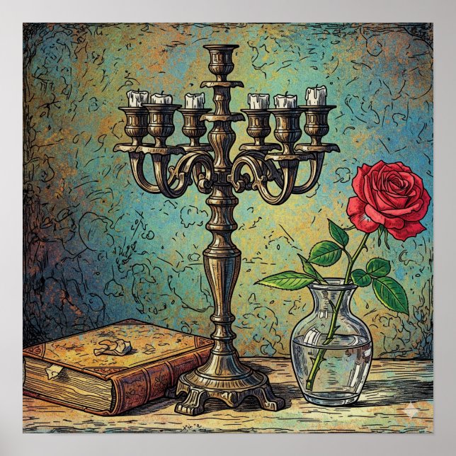 Candelabra und Rose Stillleben Poster (Vorne)