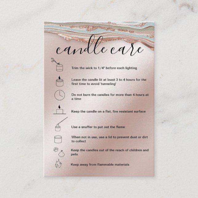 Candle Care Instructions Card Add Your Logo Agate Visitenkarte (Vorderseite)