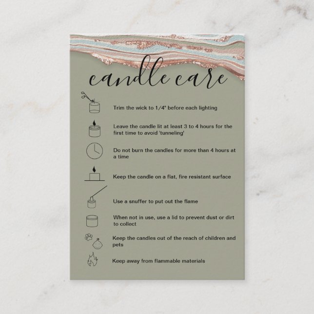Candle Care Instructions Card Add Your Logo Agate Visitenkarte (Vorderseite)