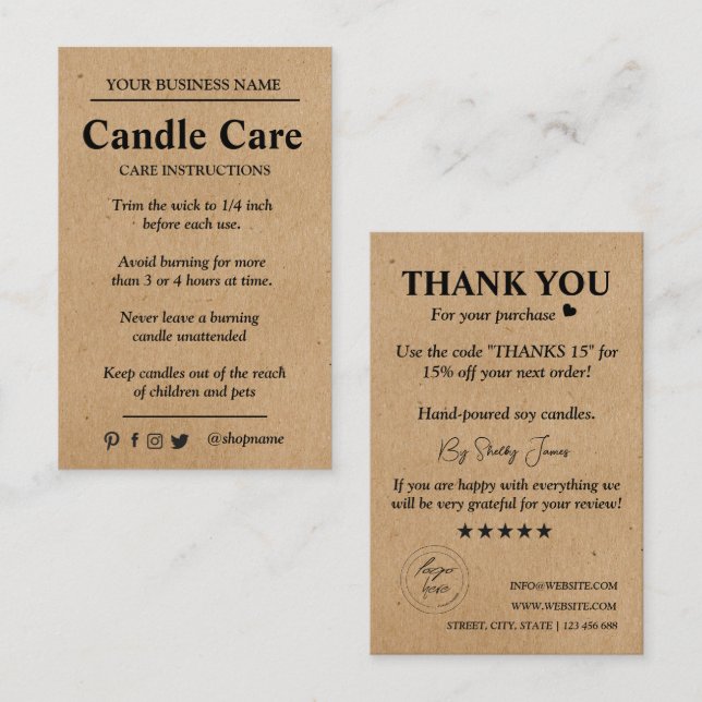 Candle Care Kraft Papier | Benutzerdefiniertes Log Visitenkarte (Vorne/Hinten)