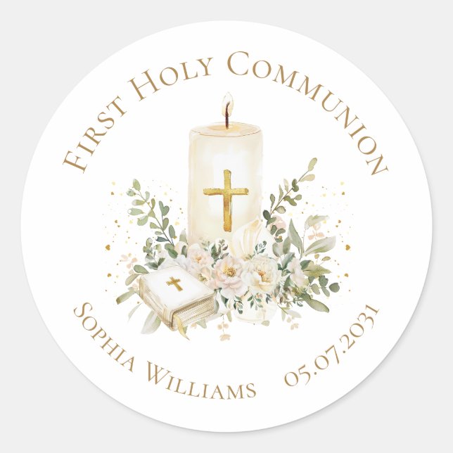 Candle Cross Bible Roses First Holy Communion Runder Aufkleber (Vorderseite)