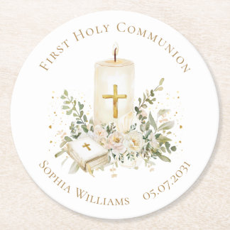Candle Cross Bible Roses First Holy Communion Runder Pappuntersetzer