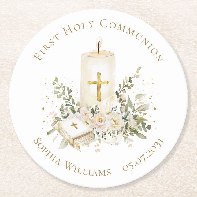 Candle Cross Bible Roses First Holy Communion Runder Pappuntersetzer (Vorderseite)