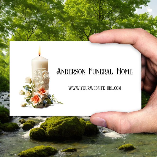 Candle Floral Beerdigung Services Visitenkarte (Business card featuring a candle, flowers, cross with hearts - funeral home - cremation - undertaker)
