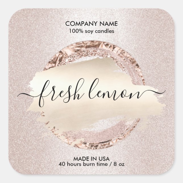 Candle Label Moderner Rosa Glitzer Quadratischer Aufkleber (Vorderseite)