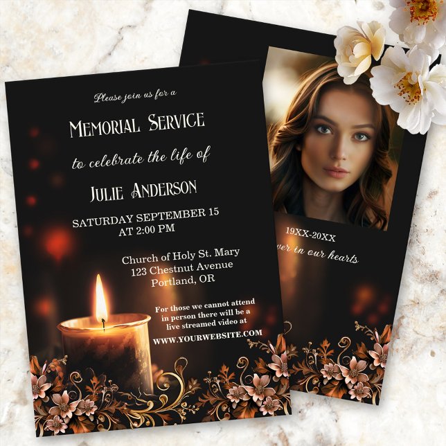 Candle Photo Funeral Service Invitation (Memorial, funeral service or celebration of life invitation featuring a candle and flowers.)