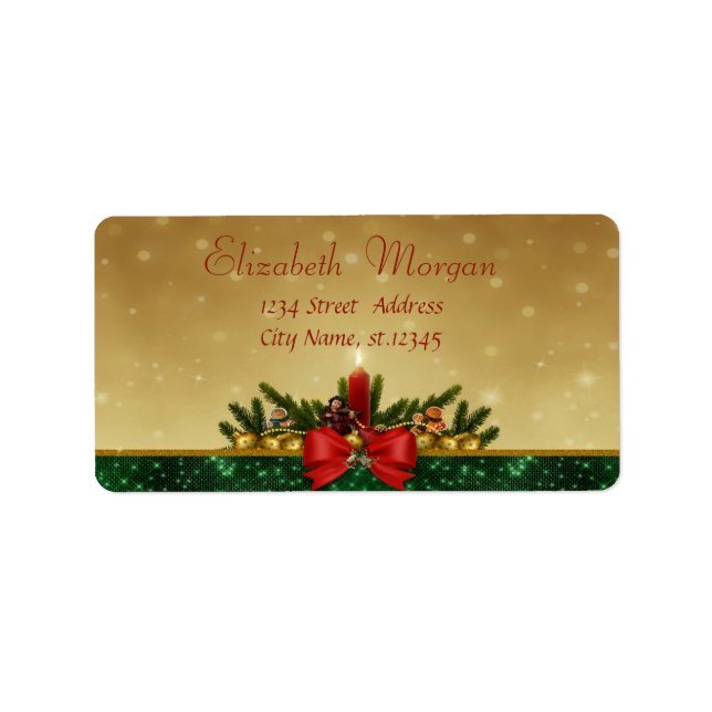Candle, Pine Tree, Red Bow Holiday Adressaufkleber (Vorne)